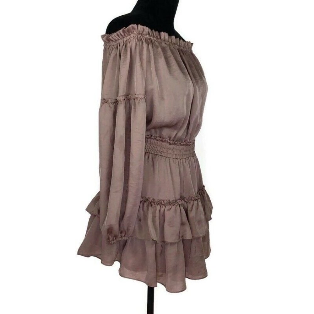 Misa Los Angeles Off Shoulder Ruffle Layered Pink Satin Dress Long Sleeve - Picture 3 of 5